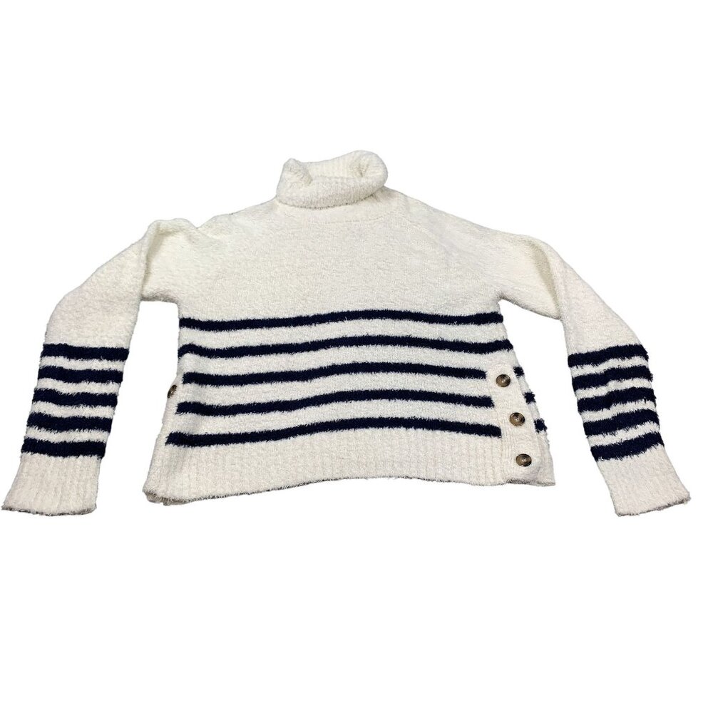 Favlux Fashion Womens Small White Turtleneck Sweater Navy Striped Button detail